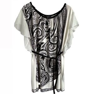 QED London Boho Tunic Top Dress White Black Paisley Flutter‎ Ruffle Sleeves - L